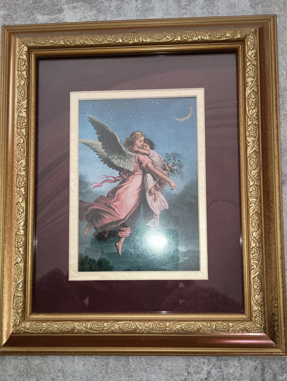 Framed Angel Print with Gold Ornate Frame and Burgundy Mat